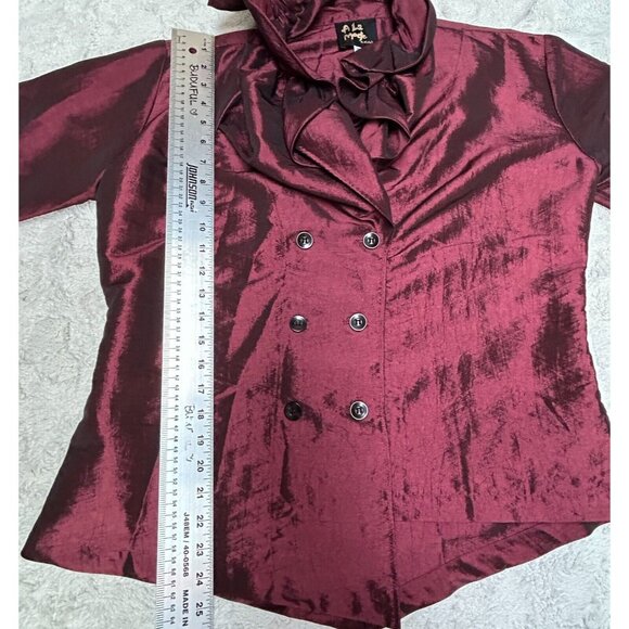 A La Mode by XiAO Ruffle Neckline Double-Breasted Blouse Jacket Small Burgundy - Picture 5 of 8